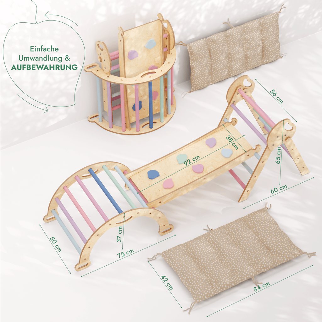 4-in-1 Montessori-Kletterset: Pikler-Dreieck, Kletterbogen, Rutschbrett und Kissen für Kleinkinder (1–3 Jahre) – Pastell