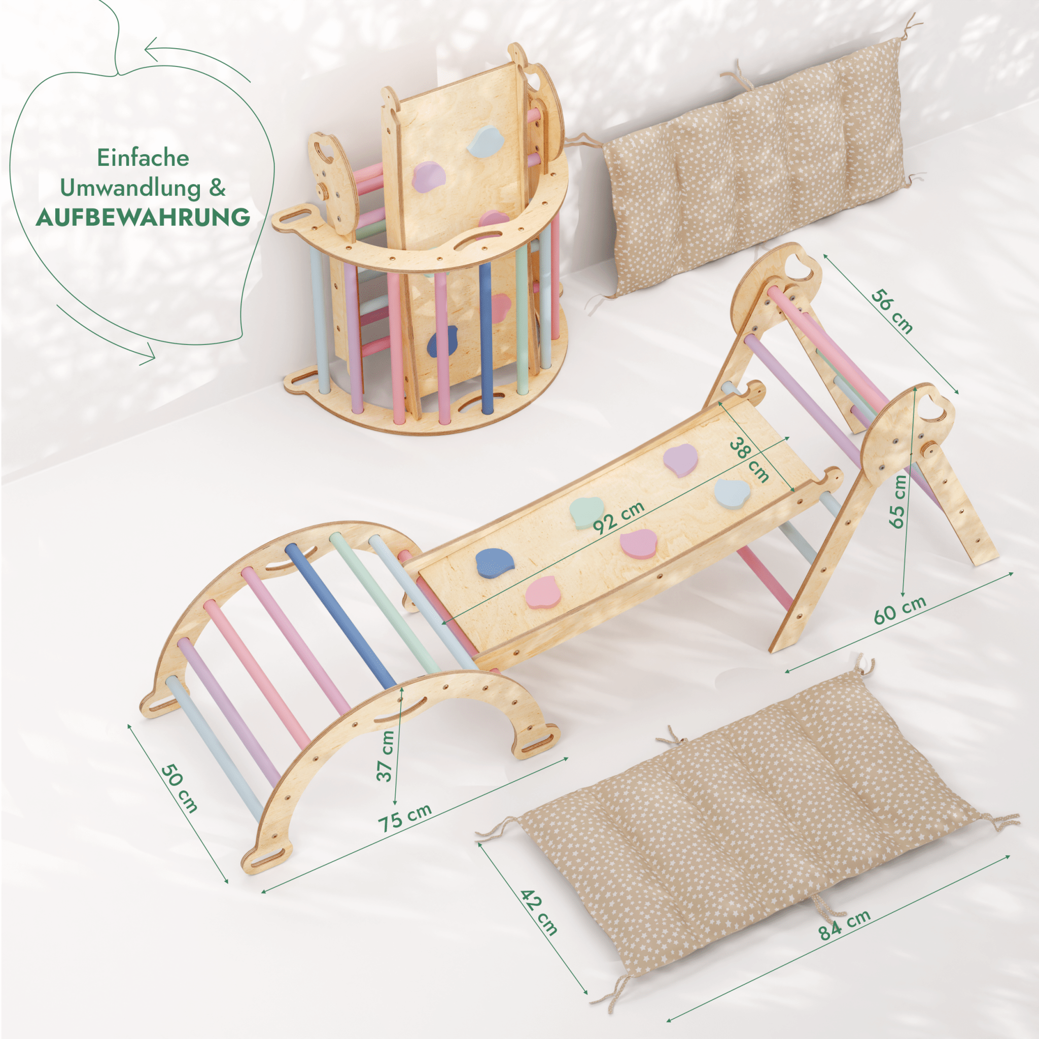 4-in-1 Montessori-Kletterset: Pikler-Dreieck, Kletterbogen, Rutschbrett und Kissen für Kleinkinder (1–3 Jahre) – Pastell