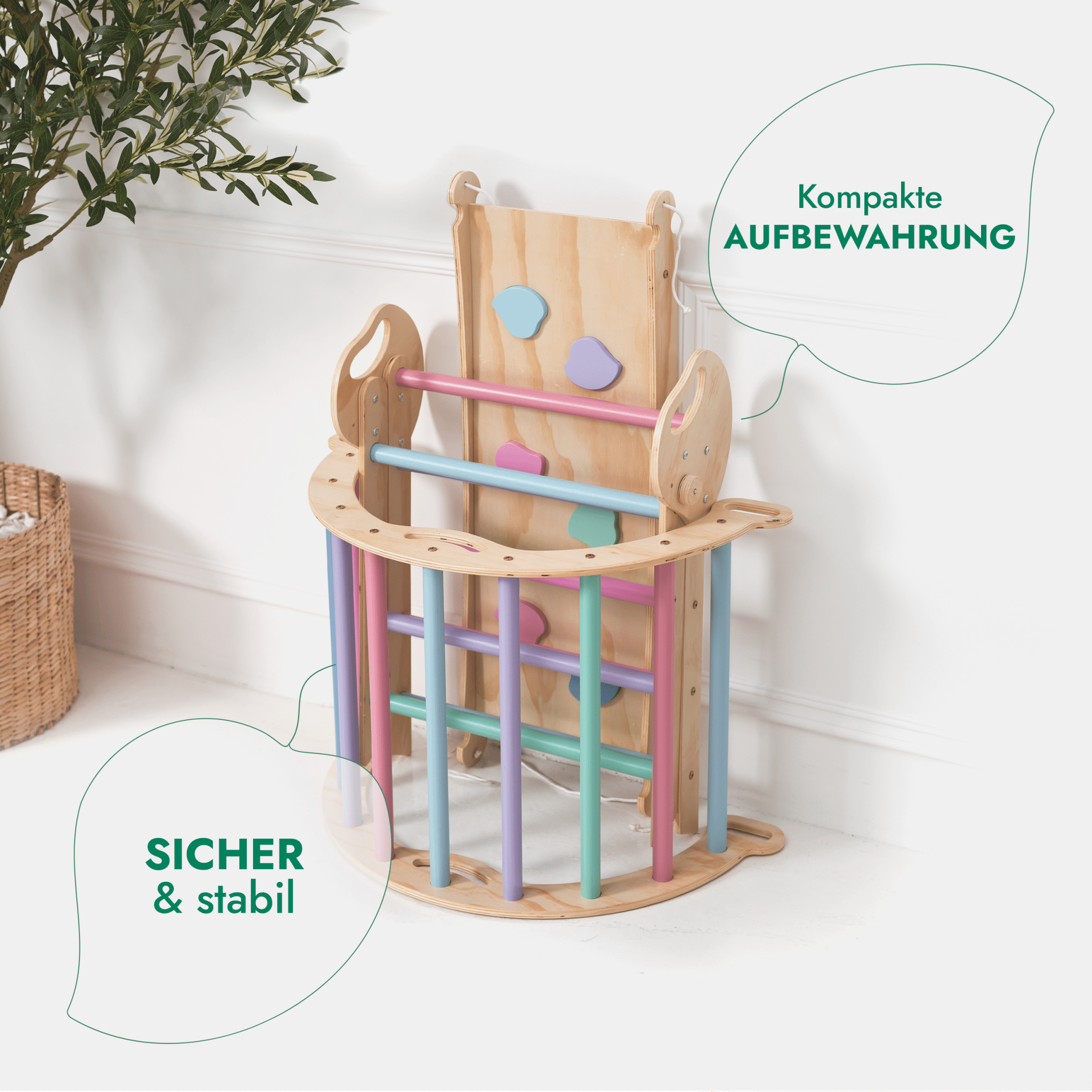 4-in-1 Montessori-Kletterset: Pikler-Dreieck, Kletterbogen, Rutschbrett und Kissen für Kleinkinder (1–3 Jahre) – Pastell