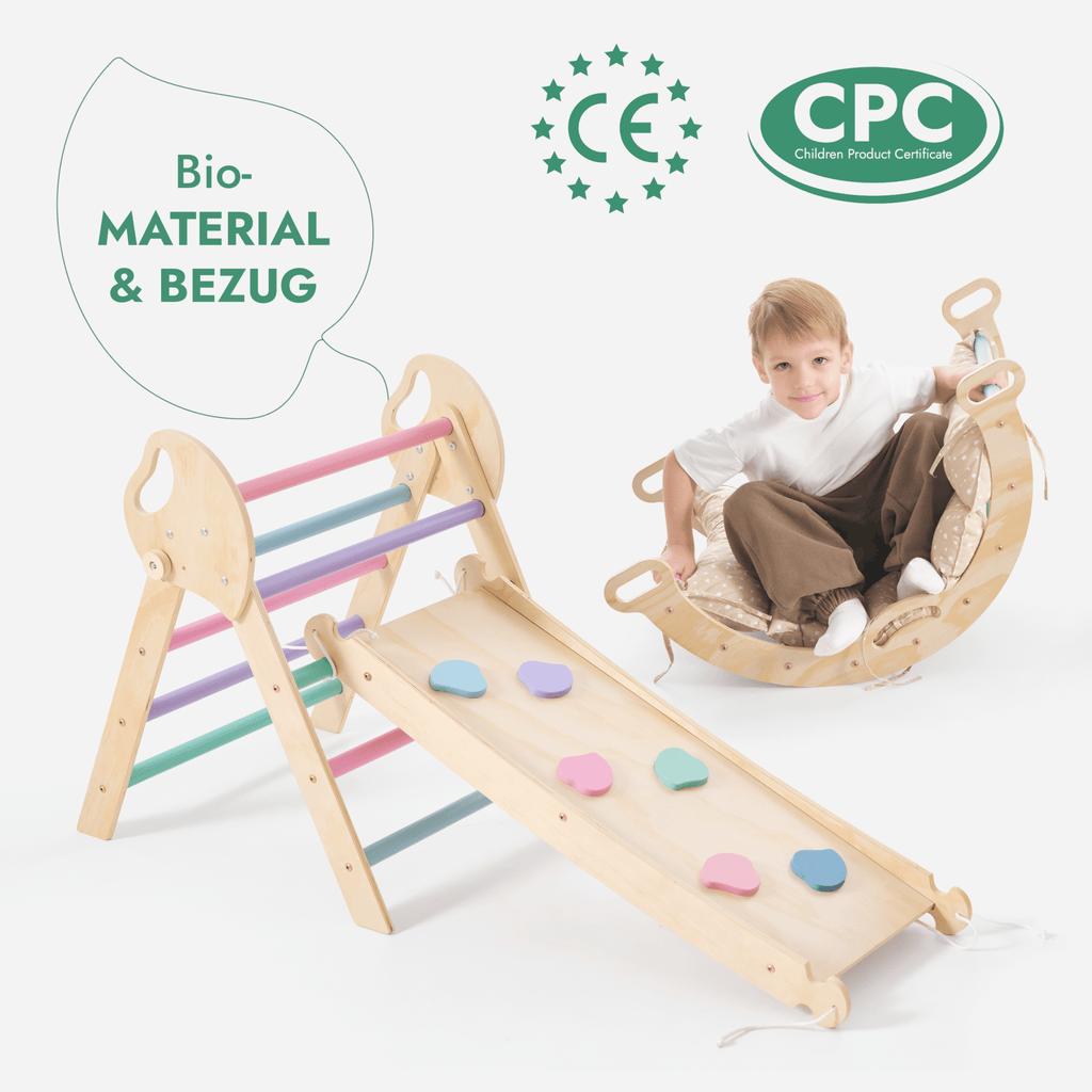 4-in-1 Montessori-Kletterset: Pikler-Dreieck, Kletterbogen, Rutschbrett und Kissen für Kleinkinder (1–3 Jahre) – Pastell