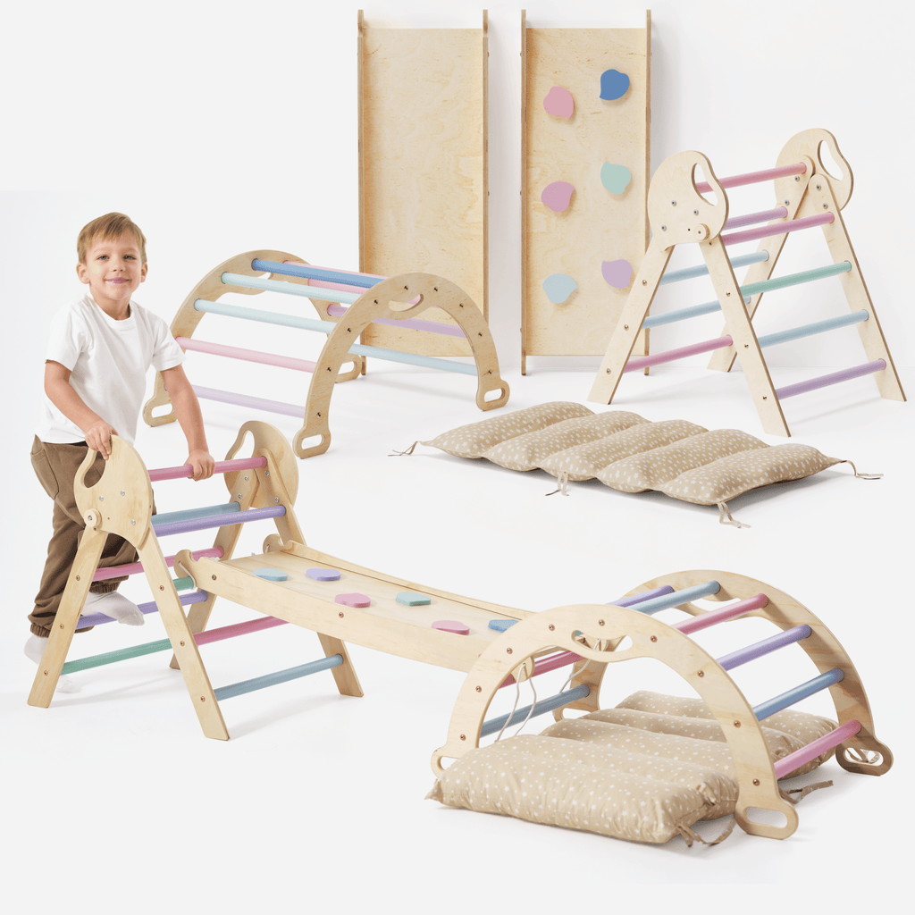 4-in-1 Montessori-Kletterset: Pikler-Dreieck, Kletterbogen, Rutschbrett und Kissen für Kleinkinder (1–3 Jahre) – Pastell