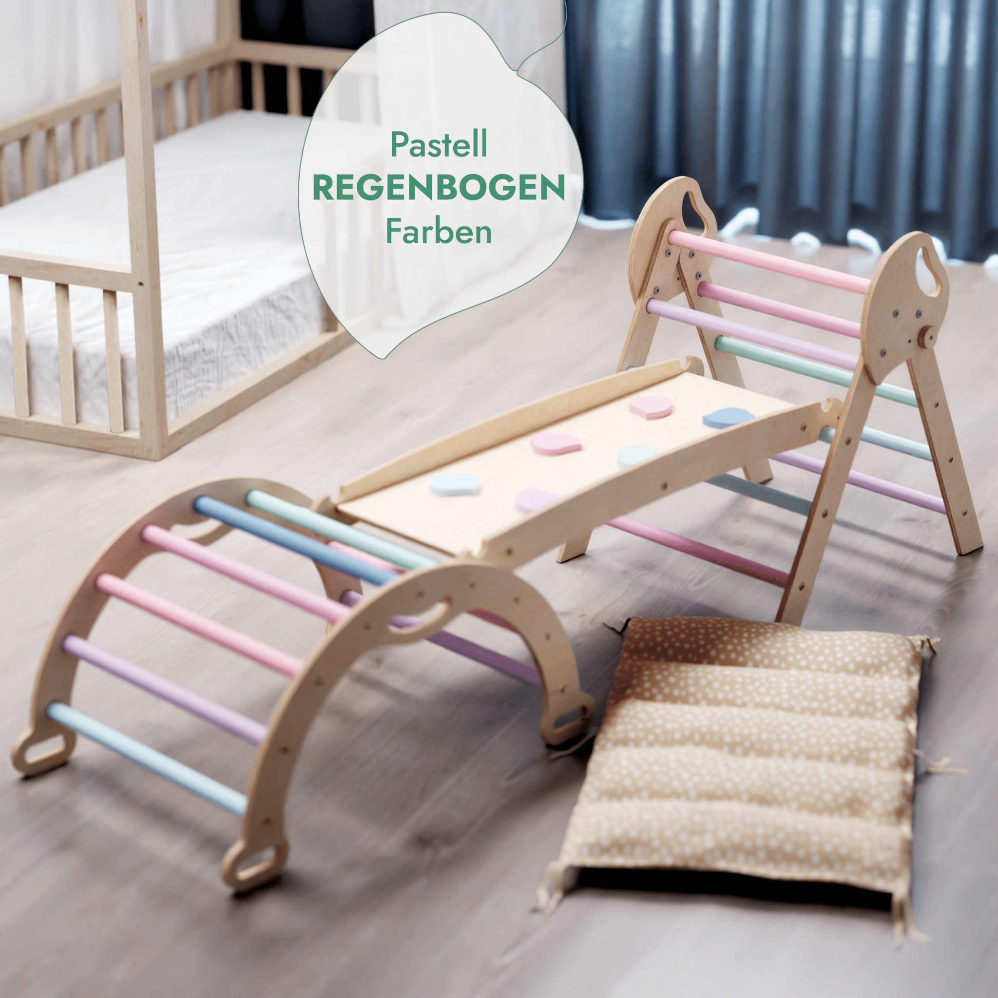 4-in-1 Montessori-Kletterset: Pikler-Dreieck, Kletterbogen, Rutschbrett und Kissen für Kleinkinder (1–3 Jahre) – Pastell