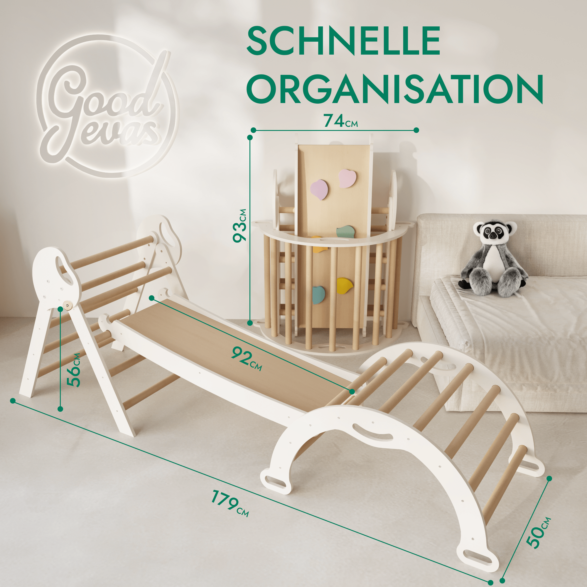 4-in-1 Kletterset für Kleinkinder: Pikler-Dreieck + Kletterbogen + Rutschbrett + Kissen - “Gebraucht – Wie neu”